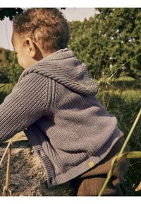 Pull in maglia grigia per bambino con cappuccio, caratterizzato da una lavorazione a costine testurizzata, una piccola etichetta all'orlo e una vestibilità comoda. Pantaloni marroni visibili sotto.