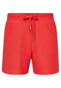 Rode geribbelde gebreide shorts met een elastische tailleband en verstelbare strik, met zilveren metalen accenten op de koord.
