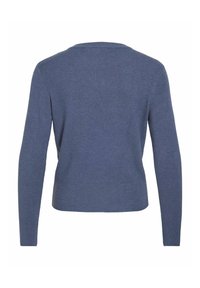 Pull bleu côtelé à manches longues avec un col rond, vu de dos, featuring une taille cintrée et des manches droites.