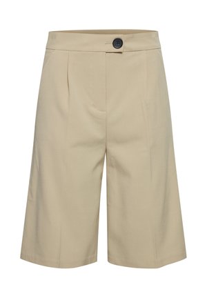 Culotte beige con frontale liscio, caratterizzate da doppie pieghe e un singolo bottone nero in vita. Realizzate in un tessuto leggero e morbido.