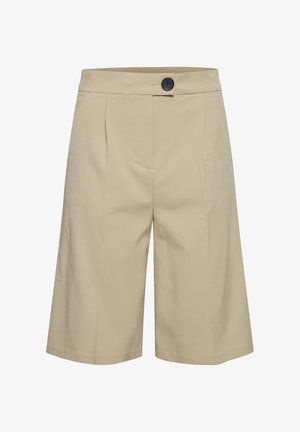 Culotte bej cu față plată, având pliseuri duble și un singur nasture negru la brâu. Fabricate dintr-un material fin și ușor.