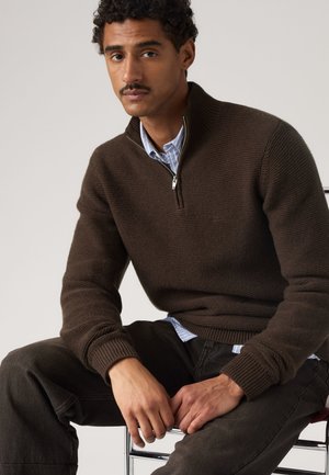Homme aux cheveux courts et bouclés avec une moustache, portant un pull en maille marron foncé à fermeture éclair sur une chemise bleu clair, assis les mains jointes sur son genou.