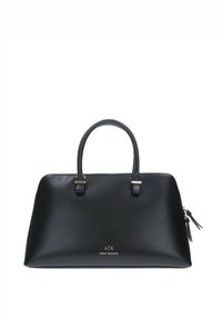 Borsa a tracolla nera in pelle con due manici superiori, dettagli in logo dorato e chiusura a zip. Texture liscia con design minimalista, senza motivi visibili.