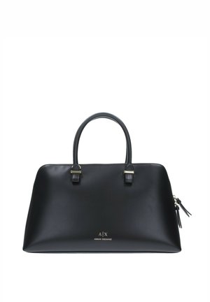 Borsa a tracolla nera in pelle con due manici superiori, dettagli in logo dorato e chiusura a zip. Texture liscia con design minimalista, senza motivi visibili.
