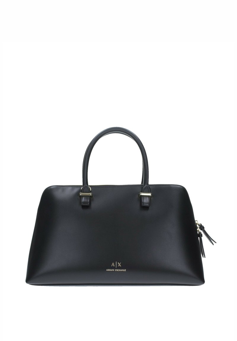 Borsa a tracolla nera in pelle con due manici superiori, dettagli in logo dorato e chiusura a zip. Texture liscia con design minimalista, senza motivi visibili.