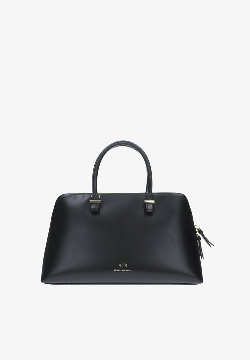 Borsa a tracolla nera in pelle con due manici superiori, dettagli in logo dorato e chiusura a zip. Texture liscia con design minimalista, senza motivi visibili.