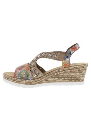 Sandale compensée avec empeigne taupe perforée, accents multicolores et talon en jute tressé texturé. Présente une semelle en caoutchouc blanc pour l'adhérence.