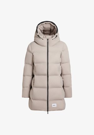 Beige isoleeritud talvejakk kõrge kraega ja eemaldatava kapuutsiga. Omab ees olevat tõmblukk ja musti aktsente. Sile tekstuur.