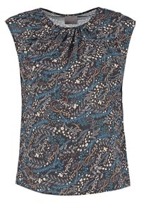 Halenka bez rukávů s květinovým potiskem v černé barvě, s modrými a bílými vzory listů, vyrobena z měkké látky, s kulatým výstřihem a nařasením vpředu.