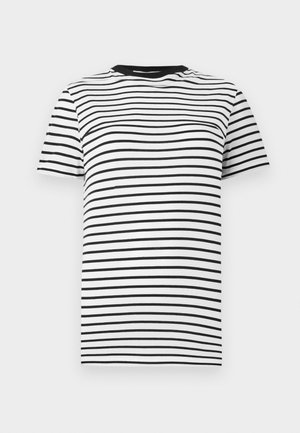 Črna in bela prugasta majica iz mehkega blaga. Ima okroglo izrezan ovratnik in kratke rokave, z enakomerno razporejenimi vodoravnimi črtami.