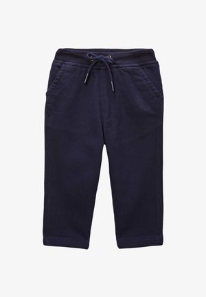 Pantalon pour tout-petit bleu marine avec taille élastique, lien de serrage et poches avant, présenté sur un fond blanc.