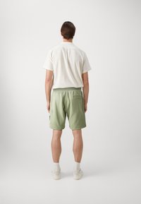 Shorts verts clairs avec une taille élastique, des poches latérales et une poche arrière. Chemise blanche à manches courtes avec un motif texturé.