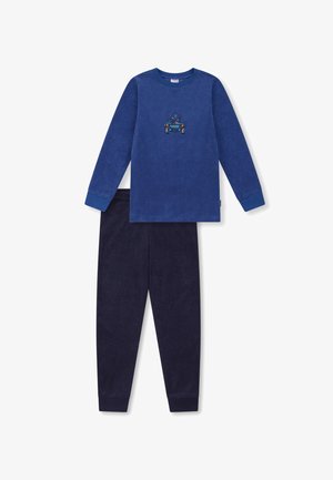 Blue long-sleeve top with car embroidery, paired with navy pants. Material appears soft with a textured finish and fitted cuffs.