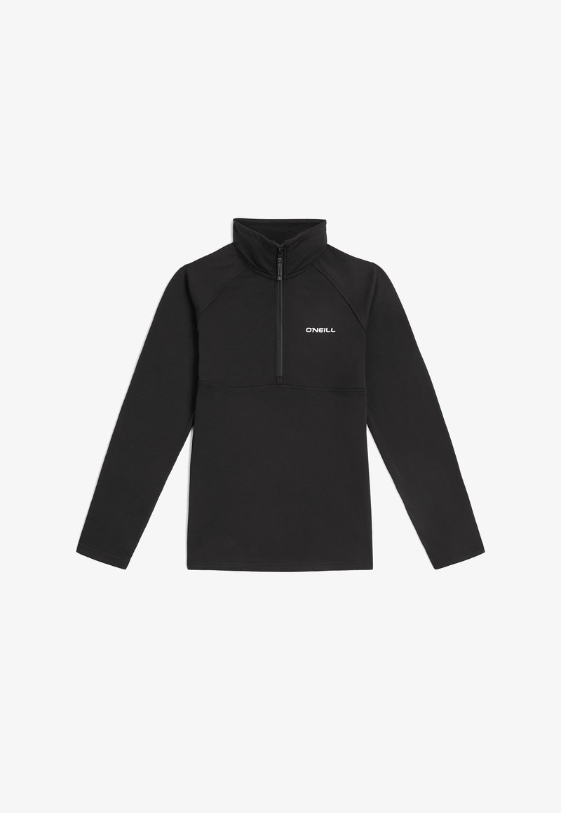 Pull en polaire noir avec col zippé mi-hauteur, présentant un motif en relief sur le haut de la poitrine et des manches longues. Texture douce, coupe sportive.