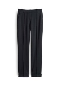 Black formal trousers with belt loops, slanted side pockets, front pleats, and cuffed hems, displayed against a white background.