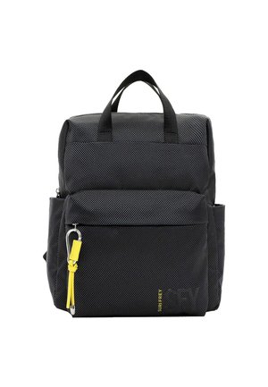 Black nylon backpack with a textured surface, two top handles, front zip pocket, and yellow accent on the zipper pull, featuring branding.