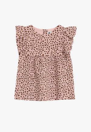 Abito rosa a maniche corte con dettagli arricciati, caratterizzato da una stampa leopardata marrone. Realizzato in tessuto morbido, con una chiusura a bottoni sul retro.