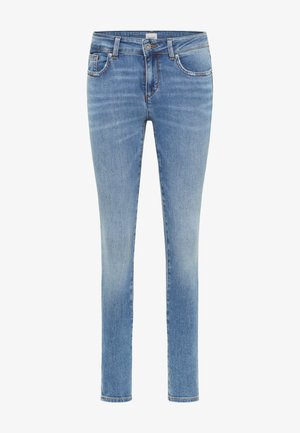 Jeans in denim blu chiaro con vestibilità slim, design a cinque tasche, leggere sfumature e cuciture arancioni a contrasto lungo le cuciture.