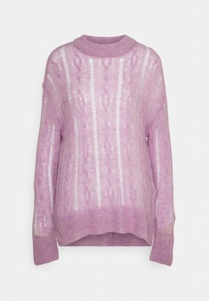 Světle fialový pletený svetr s texturovaným vzorem, kulatým výstřihem a dlouhými rukávy, navržený s uvolněným střihem a jemnými pruhy.