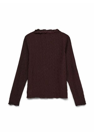 Bordowa bluzka z długim rękawem o fakturowanym wzorze dzianiny i marszczonym dekoltem. Posiada krótki krój i ozdobne ażurowe detale.