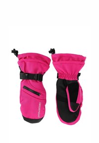 Rosa isolierte Handschuhe mit schwarzen Akzenten, aus strapazierfähigem Stoff gefertigt. Verfügt über eine Reißverschlusstasche und verstellbare Handgelenkriemen für einen sicheren Sitz.