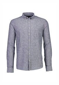 Gestreepte button-up shirt in grijs en wit. Beschikt over lange mouwen, een kraag en een zak op de linkerborst. Zachte stoftextuur.
