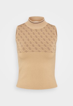 Beige sleeveless turtleneck top featuring a patterned upper section and plain lower section, made of a soft textured knit fabric.