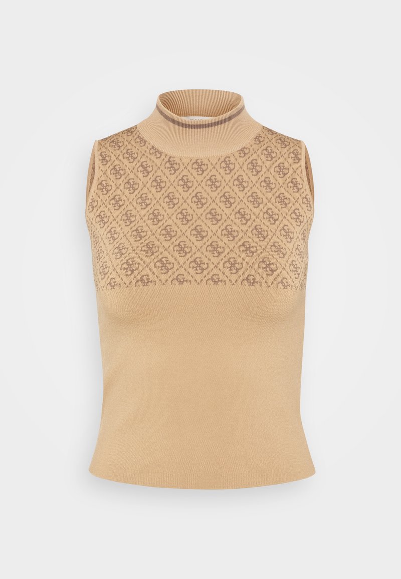 Top beige senza maniche con colletto a imbuto, caratterizzato da una sezione superiore a fantasia e una sezione inferiore liscia, realizzato in un morbido tessuto a maglia testurizzata.