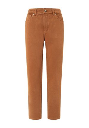 Pantalon droit marron en coton. Doté de cinq poches, d'une fermeture à bouton et à zip, et d'une texture subtile. Aucun motif ou accent distinctif.