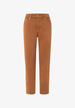Pantalon droit marron en coton. Doté de cinq poches, d'une fermeture à bouton et à zip, et d'une texture subtile. Aucun motif ou accent distinctif.