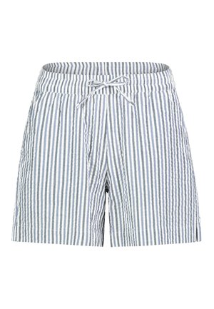 Blue and white vertical striped cotton shorts with elastic waistband and a tied drawstring front.
