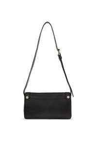 Borsa a tracolla in pelle nera con una lunga tracolla regolabile. Forma rettangolare con dettagli in argento e finitura testurizzata. Design minimalista.