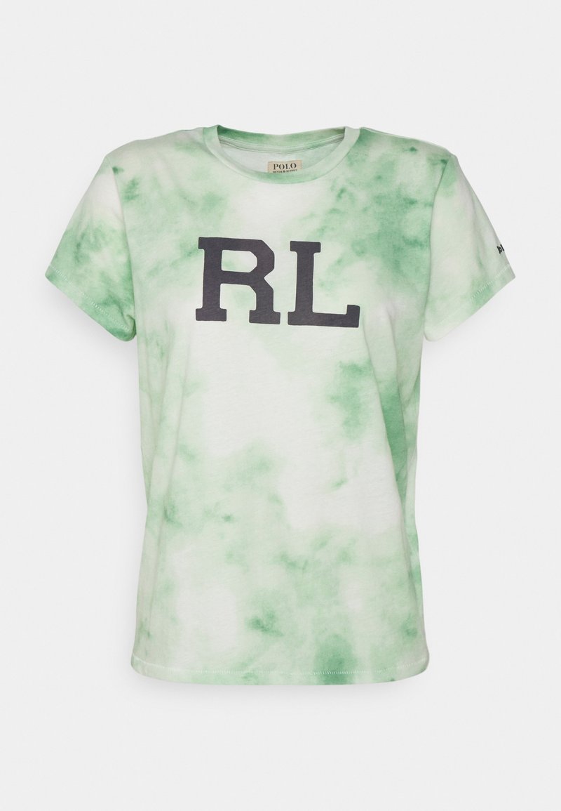 Zielony t-shirt tie-dye wykonany z bawełny. Ma krótkie rękawy i okrągły dekolt. Na przodzie ciemny nadruk z logo "RL".