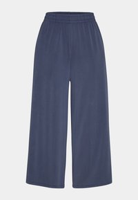 Vidbyxors design i marinblått, mjukt tyg; elastisk midja; slät textur; längd till halva vaden; inga synliga mönster eller detaljer.