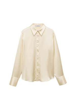 Chemise en satin couleur crème avec un col classique, des manches longues et une fermeture à boutons, présentant une texture lisse et brillante.