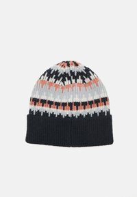 Knitted beanie with a colorful pattern in navy, white, light gray, and peach, featuring a ribbed cuff and rounded top.