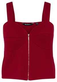 Red knitted crop top with a fitted design, wide straps, structured cups, and a front zipper. Smooth texture with a solid color.
