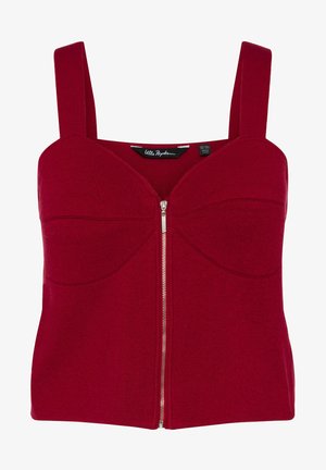 Rotes gestricktes Crop-Top mit enganliegendem Design, breiten Trägern, strukturierten Cups und einem Reißverschluss vorne. Glatte Textur in einfarbiger Ausführung.