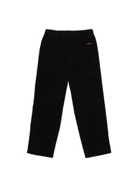 Pantalones de pana negra con un diseño de pierna recta, cinturilla elástica y dos bolsillos traseros. La tela tiene una textura acanalada.