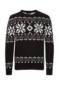 Black knitted sweater with white and gray geometric snowflake patterns. Ribbed cuffs and hem, crew neckline, small brand tag on lower side.