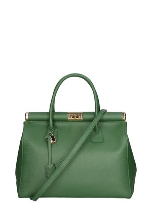 Borsa a tracolla in pelle verde con un design strutturato, manici superiori e una tracolla removibile. Accenti in metallo dorato lungo la chiusura superiore e nei dettagli.