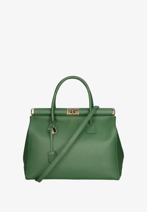 Sac à main en cuir vert avec un design structuré, des poignées supérieures et une bandoulière amovible. Accents en métal doré le long de la fermeture supérieure et des détails.