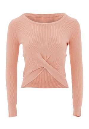 Ribbede langærmede top i lys pink med et snoet frontdesign. Materialet er blødt, med en scoop-udskæring og tætsiddende silhuet.