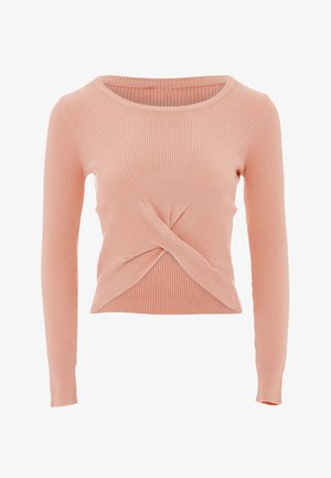Růžový žebrovaný top s dlouhými rukávy a zkrouceným předním designem. Materiál je měkký, má kulatý výstřih a přiléhavý střih.