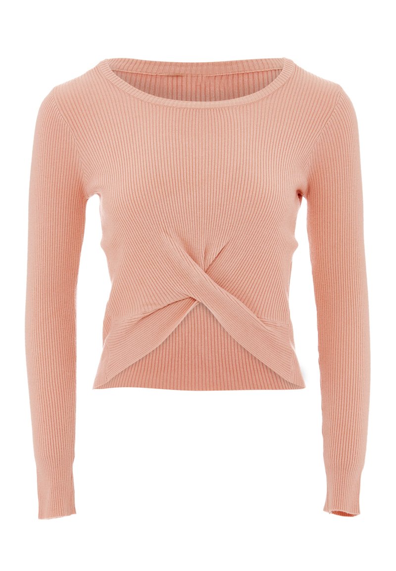 Top a maniche lunghe a coste di colore rosa chiaro con un design frontale attorcigliato. Il materiale è morbido, con scollatura a girocollo e silhouette aderente.