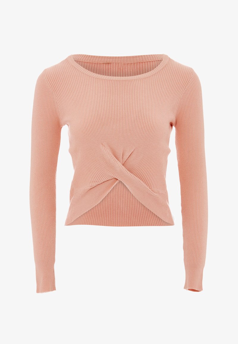 Rippstrick-Langarmoberteil in hellrosa mit einem verdrehten Vorderteil. Das Material ist weich, mit einem rundem Halsausschnitt und einer figurschmeichelnden Silhouette.