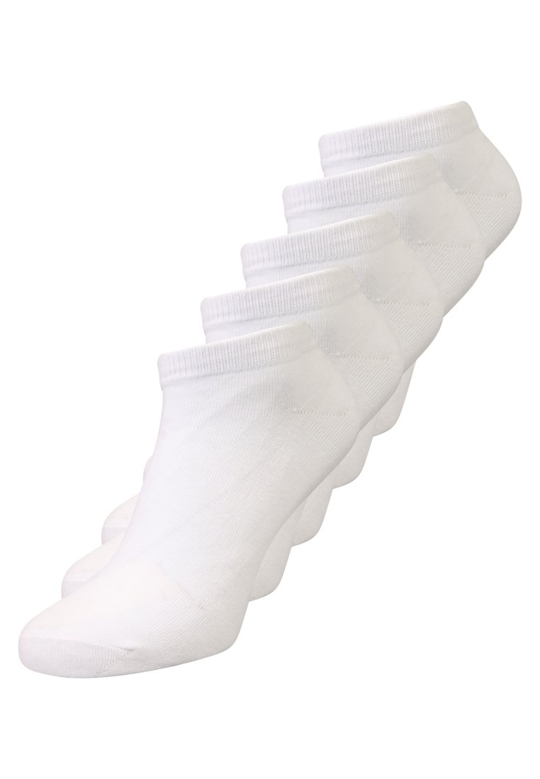 Weiße Knöchelsocken mit einem gerippten Bündchen und glatter Textur, in einer versetzten Anordnung präsentiert. Das Set umfasst mehrere Paare.