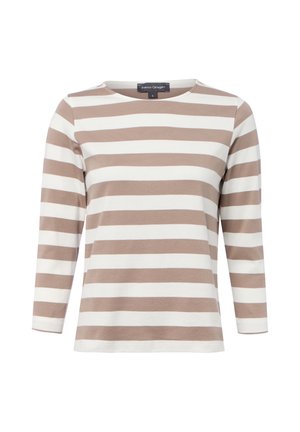 Beige en wit horizontaal gestreept shirt met lange mouwen en een ronde hals, afgebeeld op een witte achtergrond.