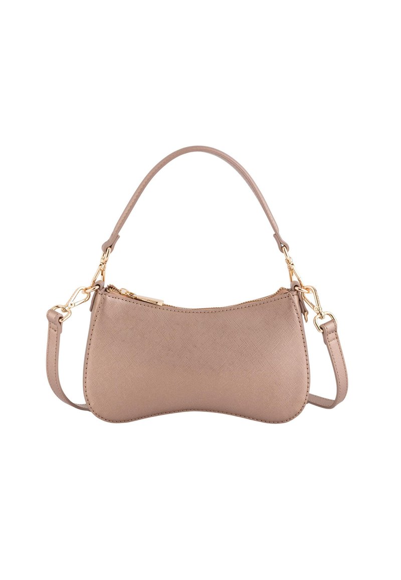 Beige synthetische Handtasche mit geschwungener Form, ausgestattet mit einem kurzen Griff und einem abnehmbaren langen Schulterriemen. Halterungen aus goldfarbenem Metall entlang der Nähte.