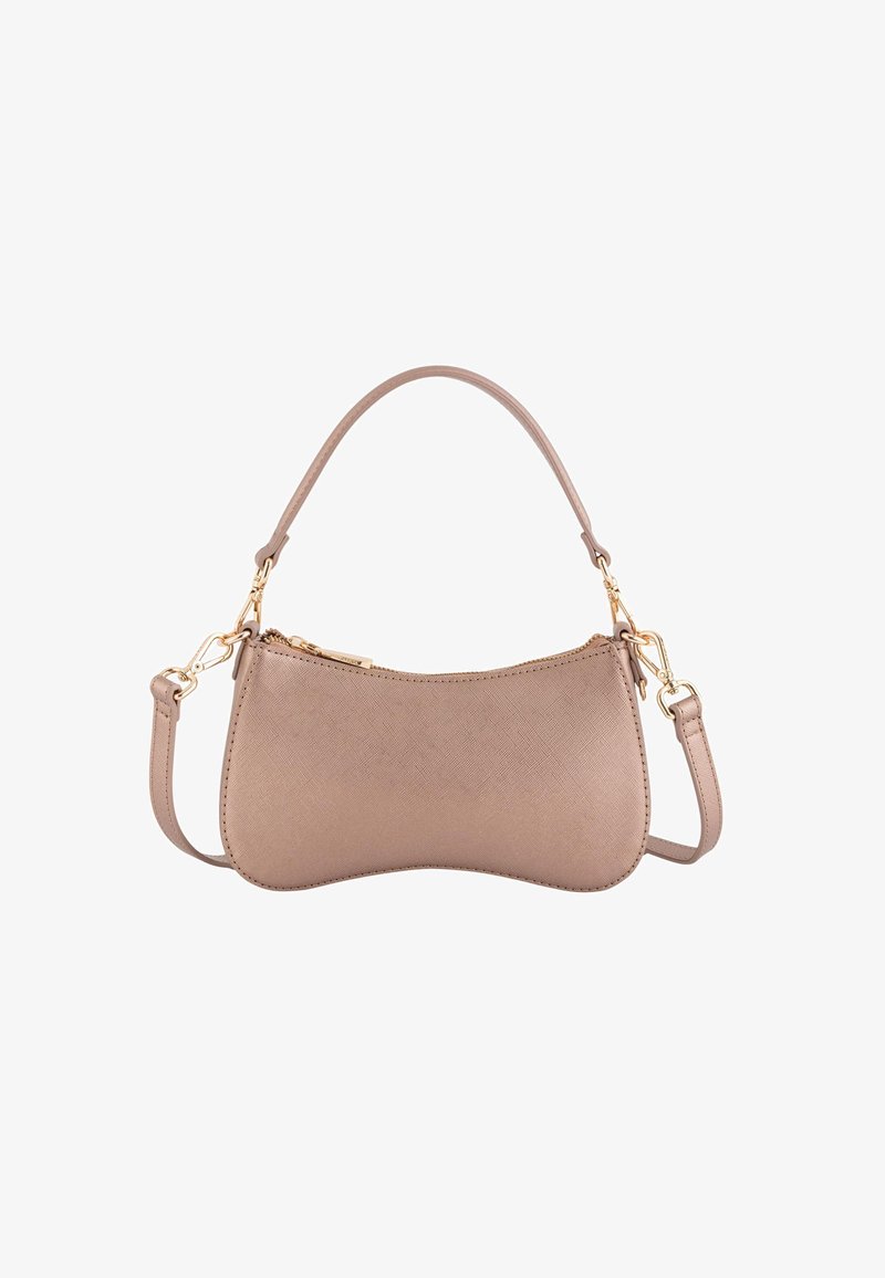 Sac à main synthétique beige à la forme arrondie, doté d'une courte poignée et d'une sangle longue amovible. Accents en métal doré le long des coutures.